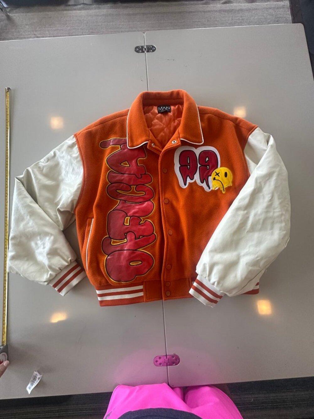 Y2K MAN Medium Orange Wool Varsity Jacket White Sleeves